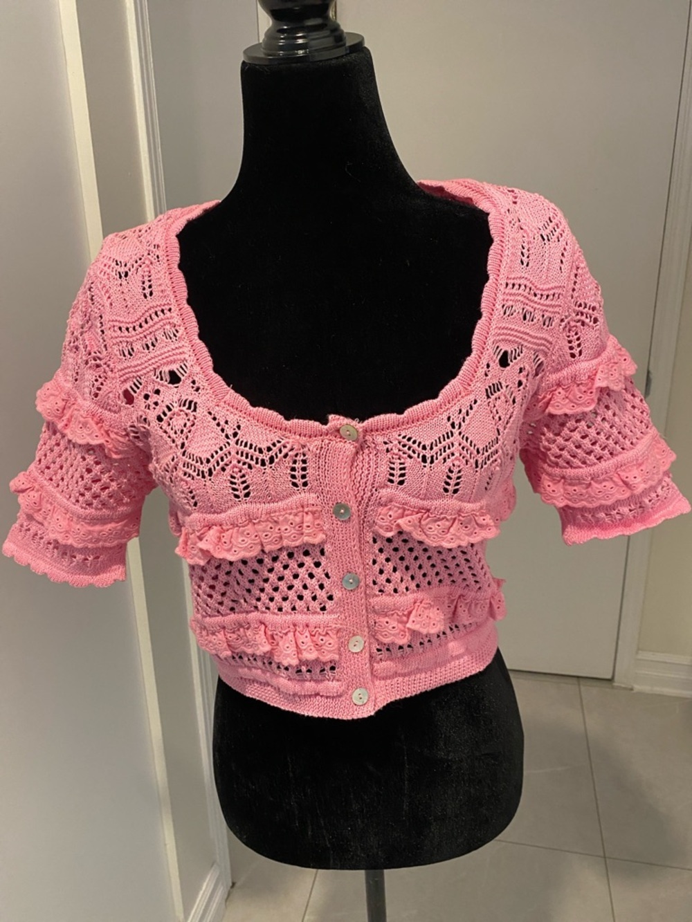 ZARA Pink Cotton Knit Crochet Crop Top Cardigan Zara Pink Pointelle Size Small